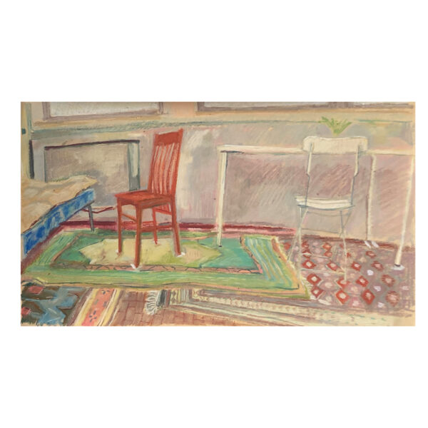 1.1_interno con due sedie, 2025, pastello a olio su carta da spolvero, cm 40x100