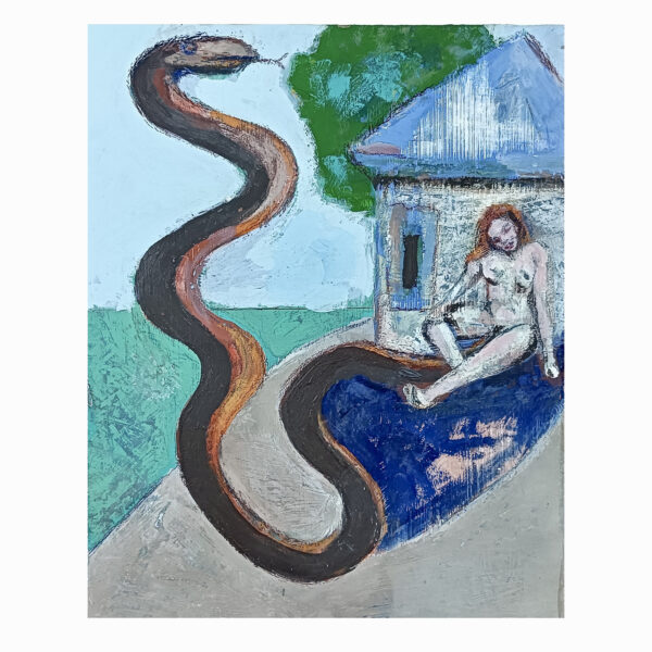 1.1_VBC_Andrea Barzini_2025_Me and the Snake_30x24cm_Olio e tempera su masonite