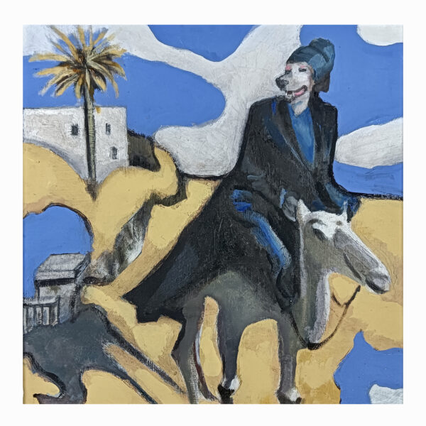1.1_VBC_Andrea Barzini_2025_Riding a Camel_Olio e tempera su masonite