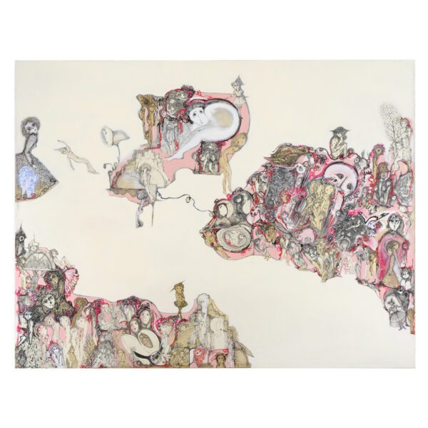 1.1_VBC_Caterina Giglio_Ecosistemi fluttuanti_2025_tecnica mista su carta applicata su tela_158 x 206 cm