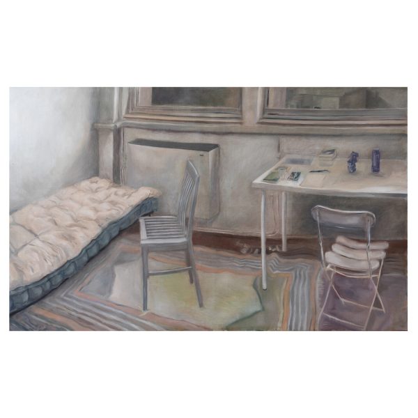 1.1_VBC_Olmo Gasperini_Interno con due sedie (Steppenwolf)_2025_olio su tela _110 x 180 cm